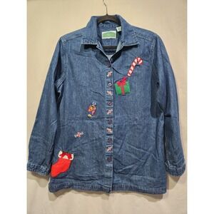Vintage Christmas Denim Shirt Embroidered Holiday Candy Cane Nutcracker Top Smal